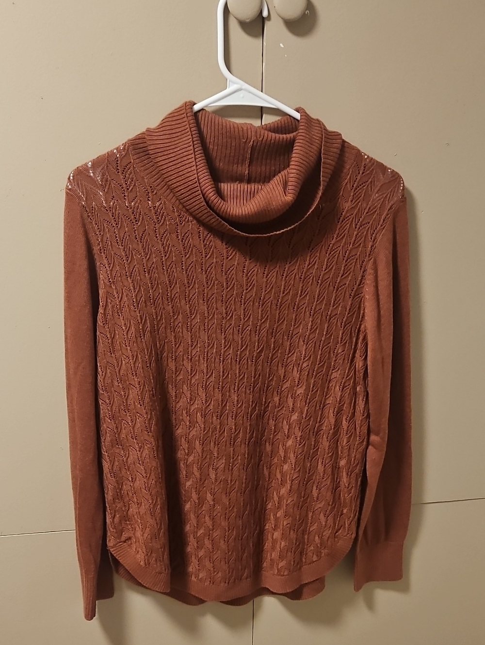 41 Hawthorn Cable-Knit Cowl Neck Sweater in Rust Brown